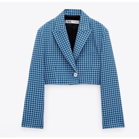 Zara Jackets & Blazers - Zara Cropped Blue Plaid Blazer Women’s XS